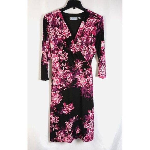 NY Collection B-Slim A-Line Floral Midi Dress XL Black Pink Tie Back Flattering - Picture 2 of 8